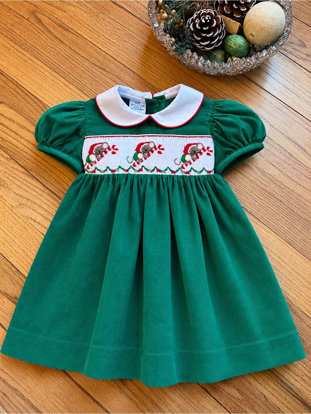 Girls' Green Smocked Holiday Dress with White Peter Pan Collar